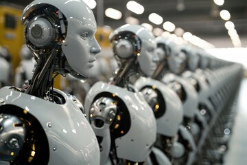 Fototapeta premium A row of robot heads sits motionless on a conveyor belt in an industrial facility, Robots working together in a factory, AI Generated