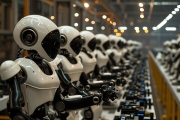 Fototapeta premium A row consisting of multiple robots sitting on top of a conveyor belt in a factory, Robots working together in a factory, AI Generated