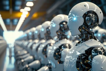 Fototapeta premium A room filled with a group of robots standing upright, showcasing their advanced technology, Robots working together in a factory, AI Generated