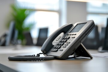 A phone is placed on a sturdy wooden table, showcasing the combination of technology and rustic elements, Close-up image of an office phone on a sleek desk, AI Generated