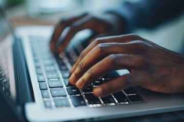 A detailed view of a persons hands typing on a laptop keyboard, engaged in focused work, Close-up image of hands typing on a laptop keyboard, AI Generated