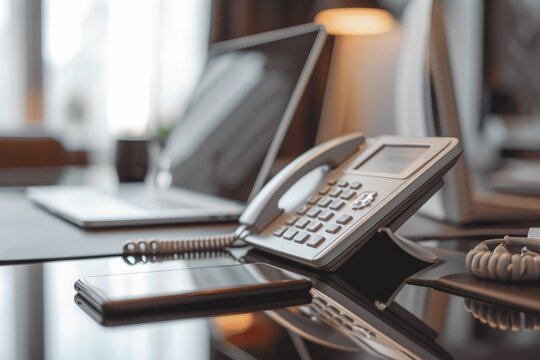 A mobile phone sits on top of a desk next to a laptop, creating a modern workspace, Close-up image of an office phone on a sleek desk, AI Generated