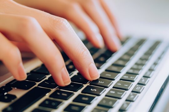 A detailed view of a persons hands typing on a laptop keyboard, focusing on the action of typing, Close-up image of hands typing on a laptop keyboard, AI Generated