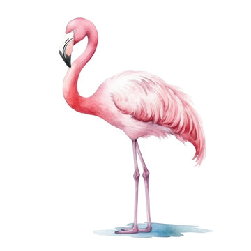 Watercolor illustration of a solitary pink flamingo on a white backdrop. © yganko
