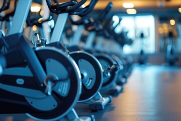 Fototapeta premium A row of stationary exercise bikes neatly arranged in a gym, ready for use, Row of spin bikes in a gym, AI Generated