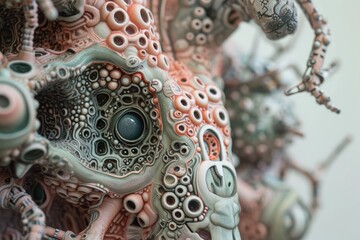 Obraz premium A detailed view of a sculpture depicting an octopus, showcasing its intricate tentacles and realistic features, Close-up of a cybernetic organism with intricate detailing, AI Generated
