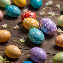 Easter eggs lying on the table. Easter atmosphere