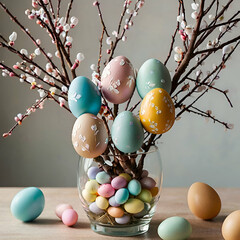 Tree branches in a vase with Easter eggs lying beneath them in light colors