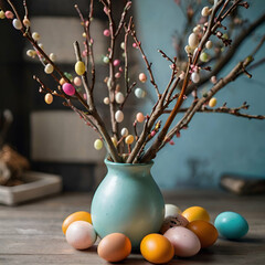Tree branches in a vase with Easter eggs lying beneath them in light colors