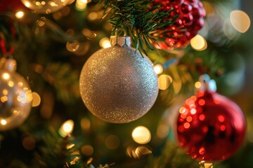 A detailed view of a Christmas tree adorned with various colorful ornaments and decorations, Close-up of Christmas tree ornaments, AI Generated