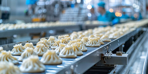 Precisely arranged dumplings on an industrial conveyor belt in a factory setting