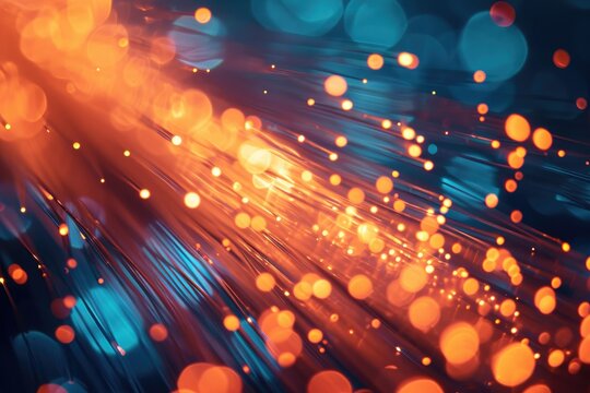 A photo capturing a blurred scene of numerous lights, creating a luminous and dynamic display, Close-up of fiber optic cable transmitting light, AI Generated