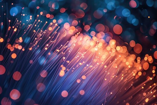 This close-up photo captures the intricate details of a blue and orange fiber, showcasing the contrasting colors and their interaction, Close-up of fiber optic cable transmitting light, AI Generated