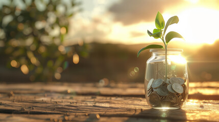 plant growing from a glass jar filled with coins, bathed in the warm glow of a setting sun.