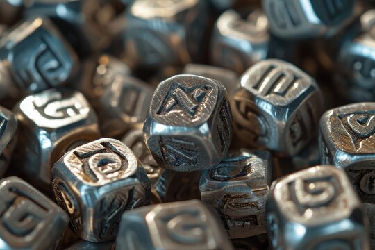 A pile of metal dice stacked on top of each other, creating a unique and striking display, Close-up of silver dreidels with Hebrew letters, AI Generated