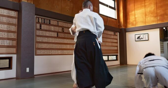 Students, fight and sensei for aikido training, fitness and development with action, exercise and coaching. Teaching, learning and fighting, traditional Japanese martial arts class with aikidoka.