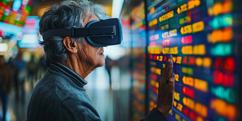 Man in Virtual Headset Analyzing Display of Numbers