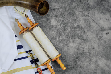 Orthodox Jewish holidays symbols prayer shawls, prayer scrolls torah, shofar
