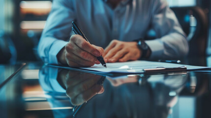 A person is signing a document on a glass table, a close-up shot emphasizing the action of commitment or agreement in a business context. - obrazy, fototapety, plakaty