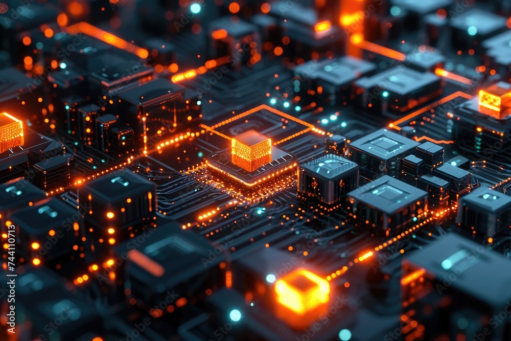 Poster close up of a computer circuit board, cluster of quantum computing nodes with glowing edges, ai gene