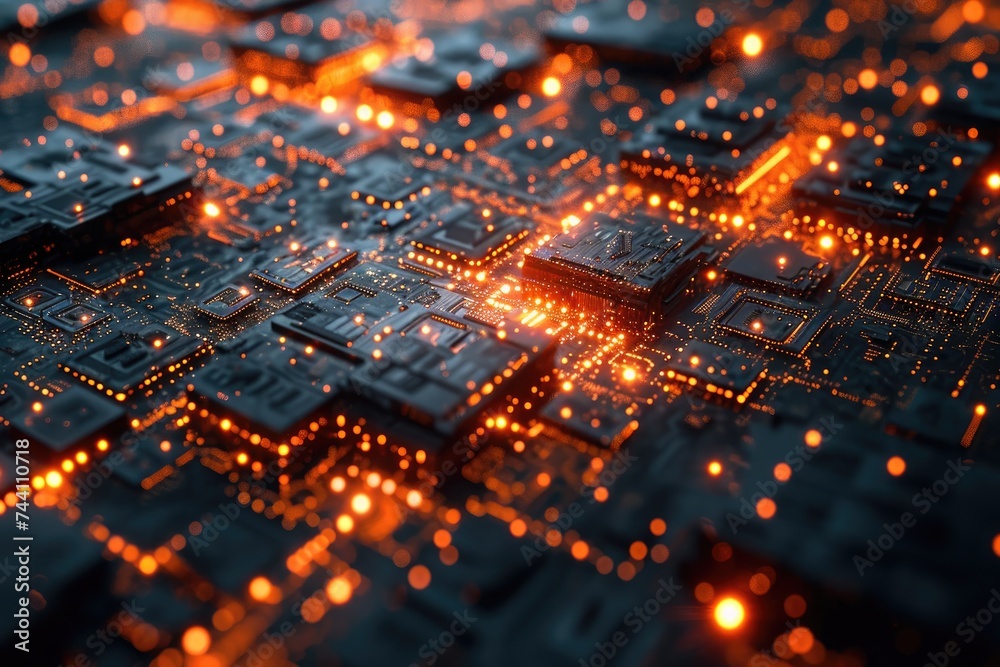 Poster a detailed view of the intricate components and pathways of a computer circuit board, cluster of qua