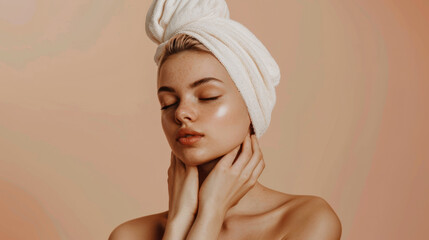 Fototapeta premium young woman with a towel wrapped around her head is touching her face gently with closed eyes, giving off a sense of tranquility and self-care.