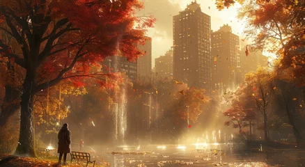 Foto op Canvas A tranquil autumn scene emerges as fog dances among the vibrant deciduous trees, casting a serene glow over the peaceful park and its glistening body of water © Larisa AI