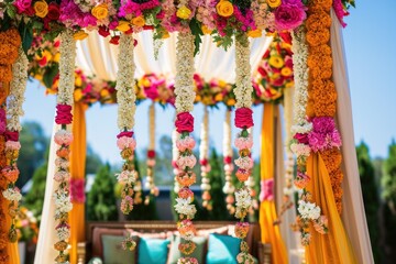 A Bed Covered in Vibrant Flowers Next to a Canopy, Colorful Indian wedding with a decorated mandap and vibrant flower garlands, AI Generated