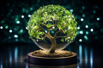 Eco friendly glass globe of green energy saving ecology and environmental protection, renewable solar energy concept background