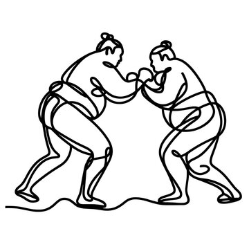A bout between two sumo wrestlers, line drawing style
