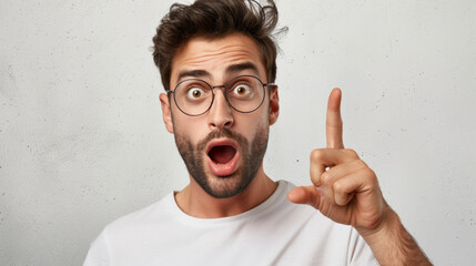 surprised young man with glasses is pointing at something out of frame, with his mouth open in a shocked expression.