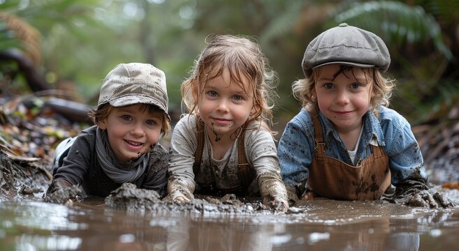 A group of young children, their faces beaming with joy and their clothes caked in mud, frolic in the river like carefree sprites, while a toddler girl and boy splash in the water, creating a whimsic