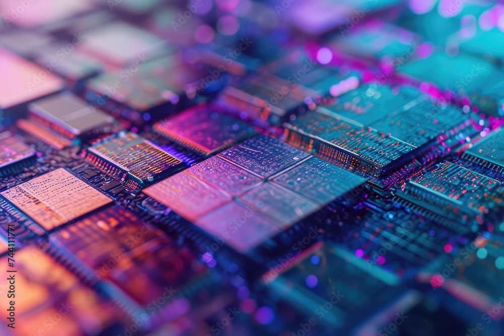 Poster close-up of computer processor chip, close-up view of a silicon chip on a microchip wafer, ai genera