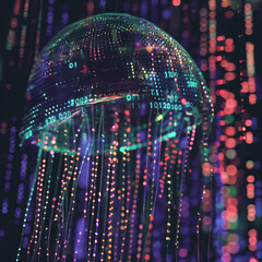 abstract neon binary code jellyfish art