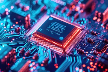A detailed view of a computer chip on a circuit board, showcasing the intricate electronic components and pathways, Close-up view of a silicon chip on a microchip wafer, AI Generated