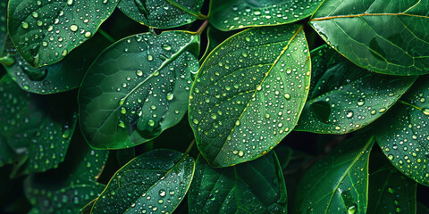 Fototapeta premium Macro shot of raindrops on lush green leaves, showcasing nature's intricate patterns