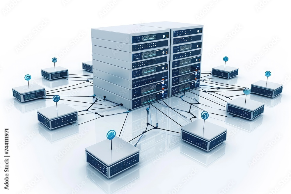 Poster a cluster of servers connected via network cables, actively processing and storing data in a bustlin