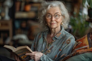 A wise senior woman sits comfortably indoors, her face illuminated by the pages of a book as she relaxes in her glasses and stylish clothing - obrazy, fototapety, plakaty