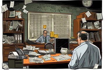 A man sits at a desk and focuses on his computer as he works, Comic strip featuring accountants solving financial mysteries, AI Generated