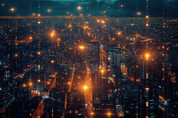This aerial photograph captures the illuminated cityscape at night, showcasing the bustling streets and towering buildings, Complex system of smart grids distributing power in a city, AI Generated