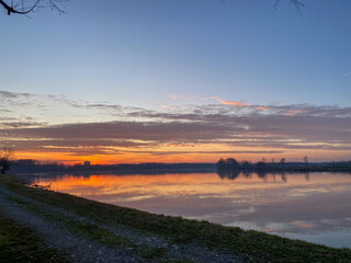 a sunset on the river Po in San Nazzaro, Emilia Romagna Italy