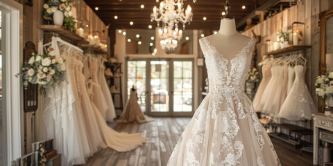 Mannequin showcasing a stunning wedding gown in a charming bridal boutique adorned with chic decor