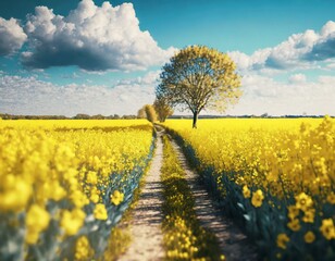 Path through flowering rapeseed field in spring, East Frisia, Lower Saxony, Germany - obrazy, fototapety, plakaty