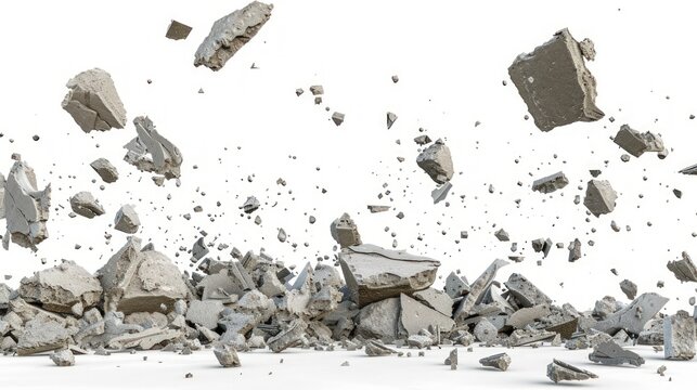 Abstract falling stone debris  on white background. AI generated
