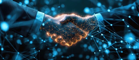 Two individuals, a businessman and a potential technology partner, shaking hands against a blue background.