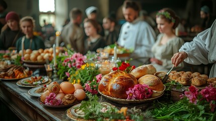 Traditional Easter dinner with dyed easter eggs on the plate, hot cross buns, Slavic easter bread and vegetables on background, Easter meal dishes with decorations, many people take food from a table