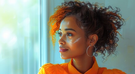 A girl stands against a vibrant orange wall, her face turned away from the camera, her clothing and features perfectly framed in the yellow light as she contemplates in solitude