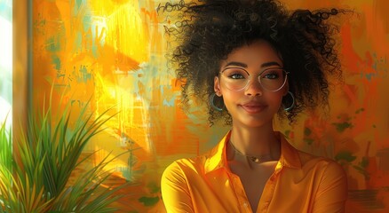 A vibrant portrait of a bespectacled woman with curly hair, adorned in a sunny yellow shirt, gazing confidently from a wall, exuding a sense of artistic expression and individuality
