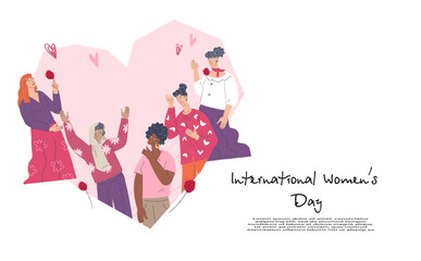 Banner for Womens day with diverse female characters. Feminism, women solidarity, and girls power, flat vector illustration isolated on white background.