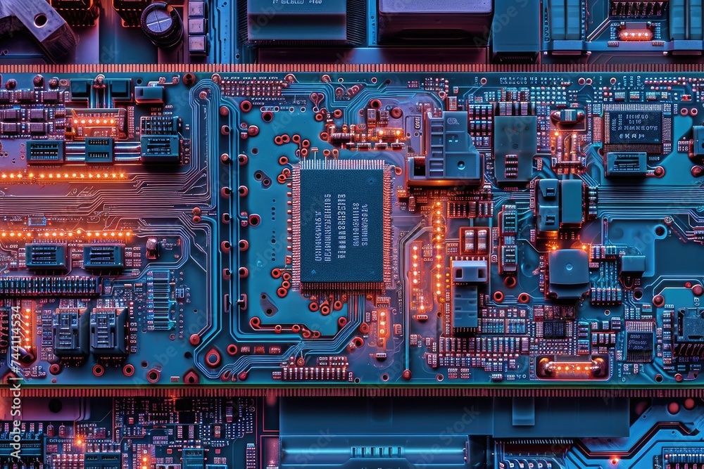 Poster a detailed view of a computer circuit board, showcasing the intricate pattern of electronic componen